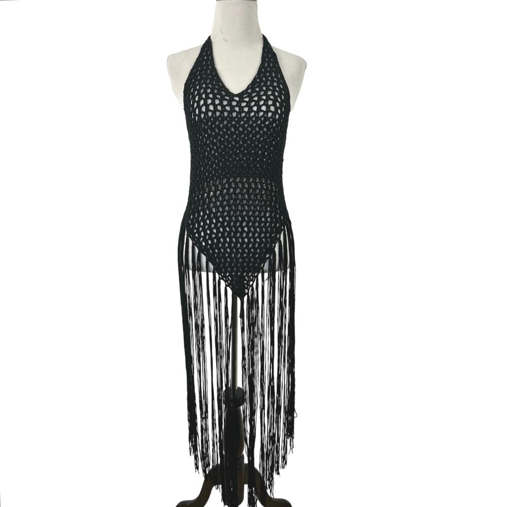 Black Crochet Halter Top Long Fringe Open Back Boho Festival Whimsigoth Y2K